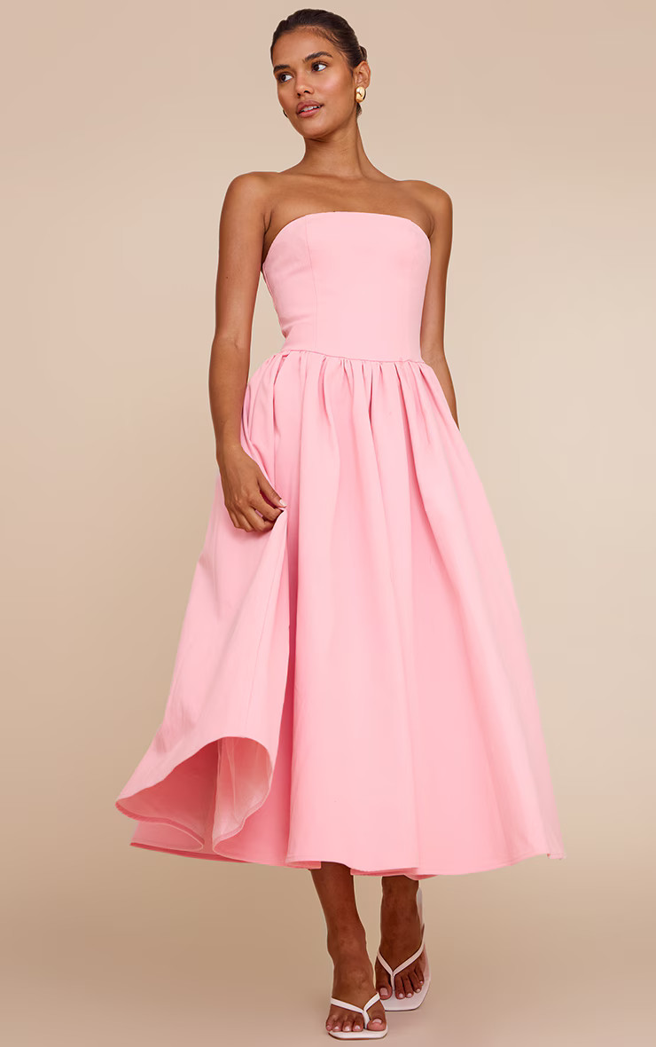 Candy Pink Woven Bandeau Skater Midaxi Dress | Dresses | PrettyLittleThing UK