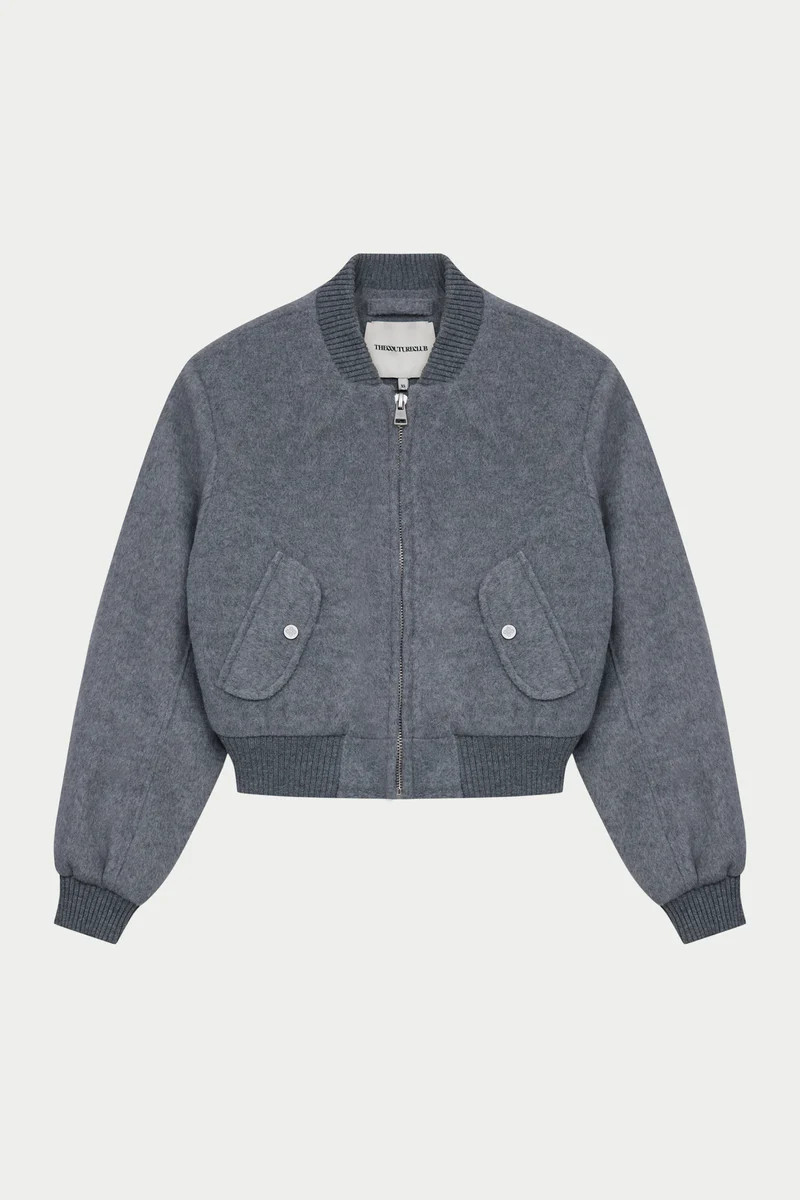 SHOULDER PADDED WOOL BLEND BOMBER JACKET - GREY MARL | The Couture Club