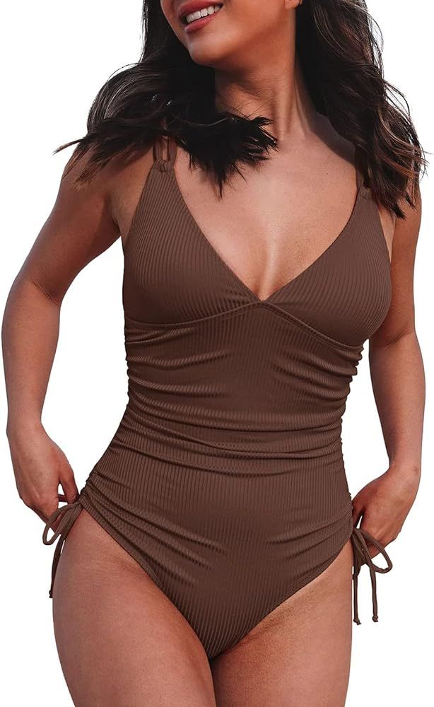 Womens One Piece Swimsuit with Drawstring Side Slimming Spaghetti Strap Swimwear Tummy Control Pu... | Amazon (US)