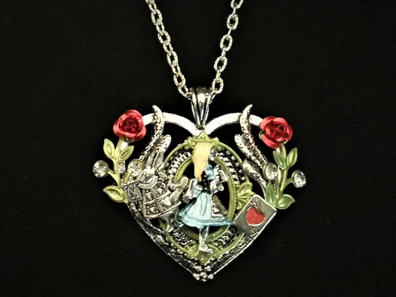 Hand-painted Alice in Wonderland-inspired heart-shaped pendant necklace with Alice, White Rabbit,... | Etsy (US)