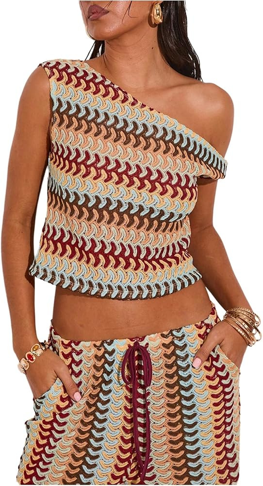 GORGLITTER Women's One Shoulder Color Block Tank Tops Summer Boho Crochet Asymmetrical Neck Peasa... | Amazon (US)