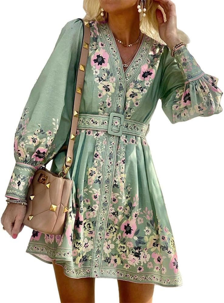 Melliflo Women's Boho Floral Print Mini Dress Long Lantern Sleeve Button Down Dresses V Neck Loos... | Amazon (US)