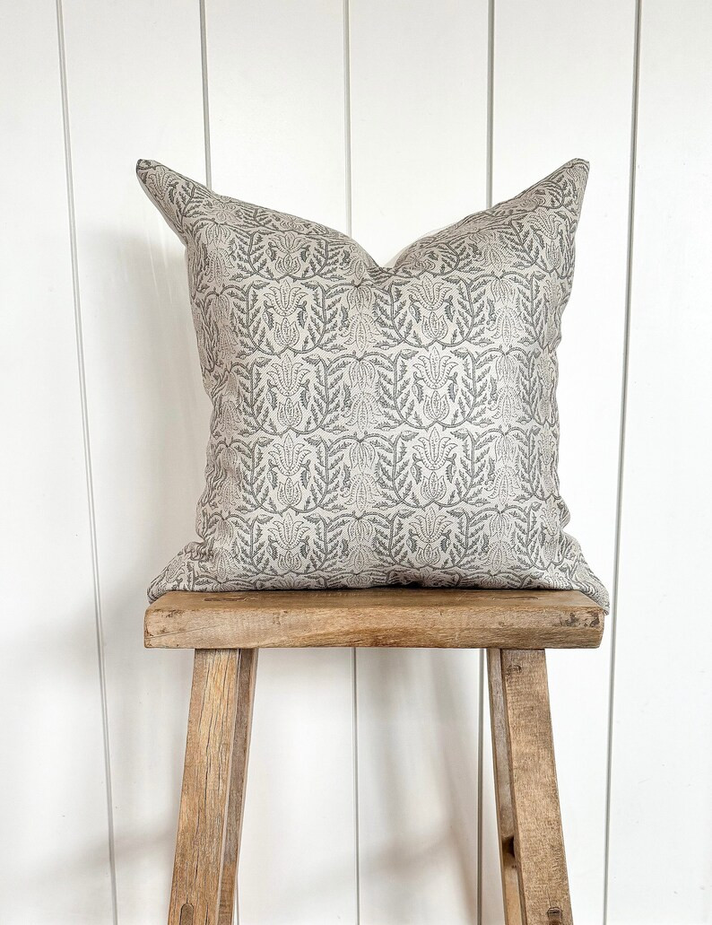 Handblock Pillow Cover Gray White Tan Designer Fabric Neutral Home Modern Farmhouse 18x18 20x20 2... | Etsy (US)