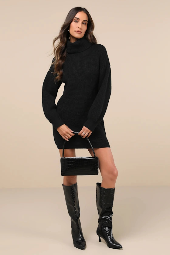 Casual Coziness Black Waffle Knit Cowl Neck Sweater Dress | Lulus