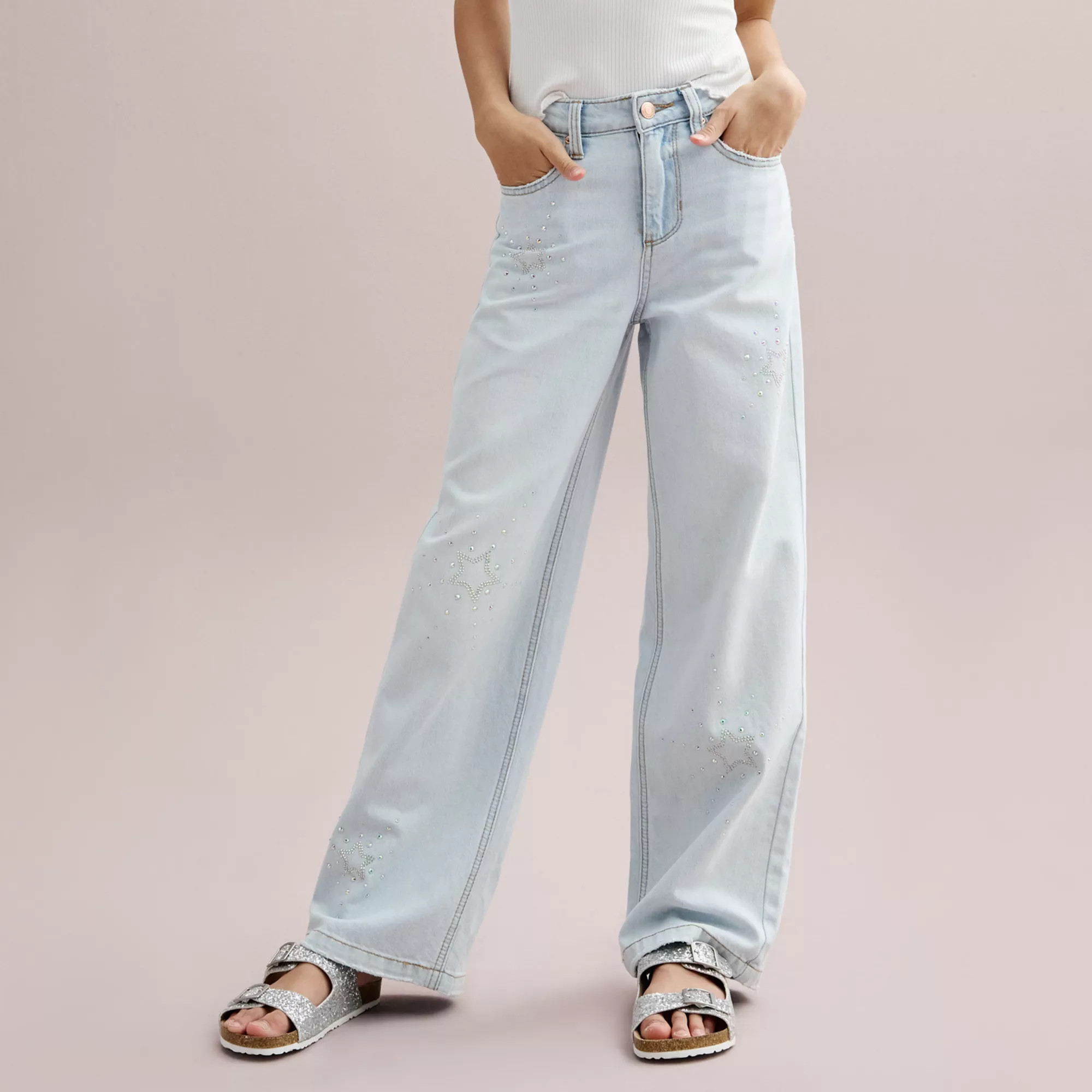 Girls 7-16 Vanilla Star Rhinestone Star Detailed Wide Leg Jeans | Kohl's