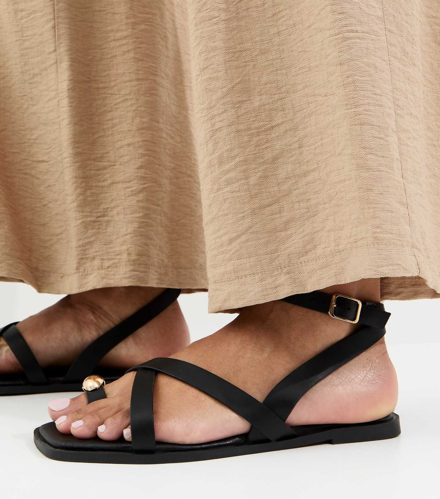 Black Faux Leather Multi Strap Toe Ring Flat Sandals | New Look | New Look (UK)