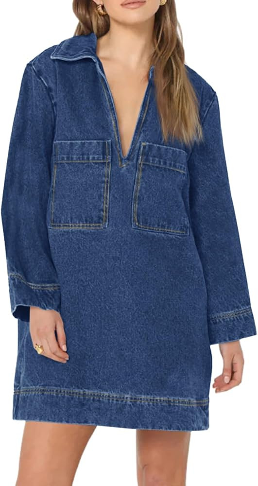 Wenrine Womens Denim Shirt Dress Long Sleeve V Neck Loose Casual Jean Mini Dress with Pockets Lig... | Amazon (US)