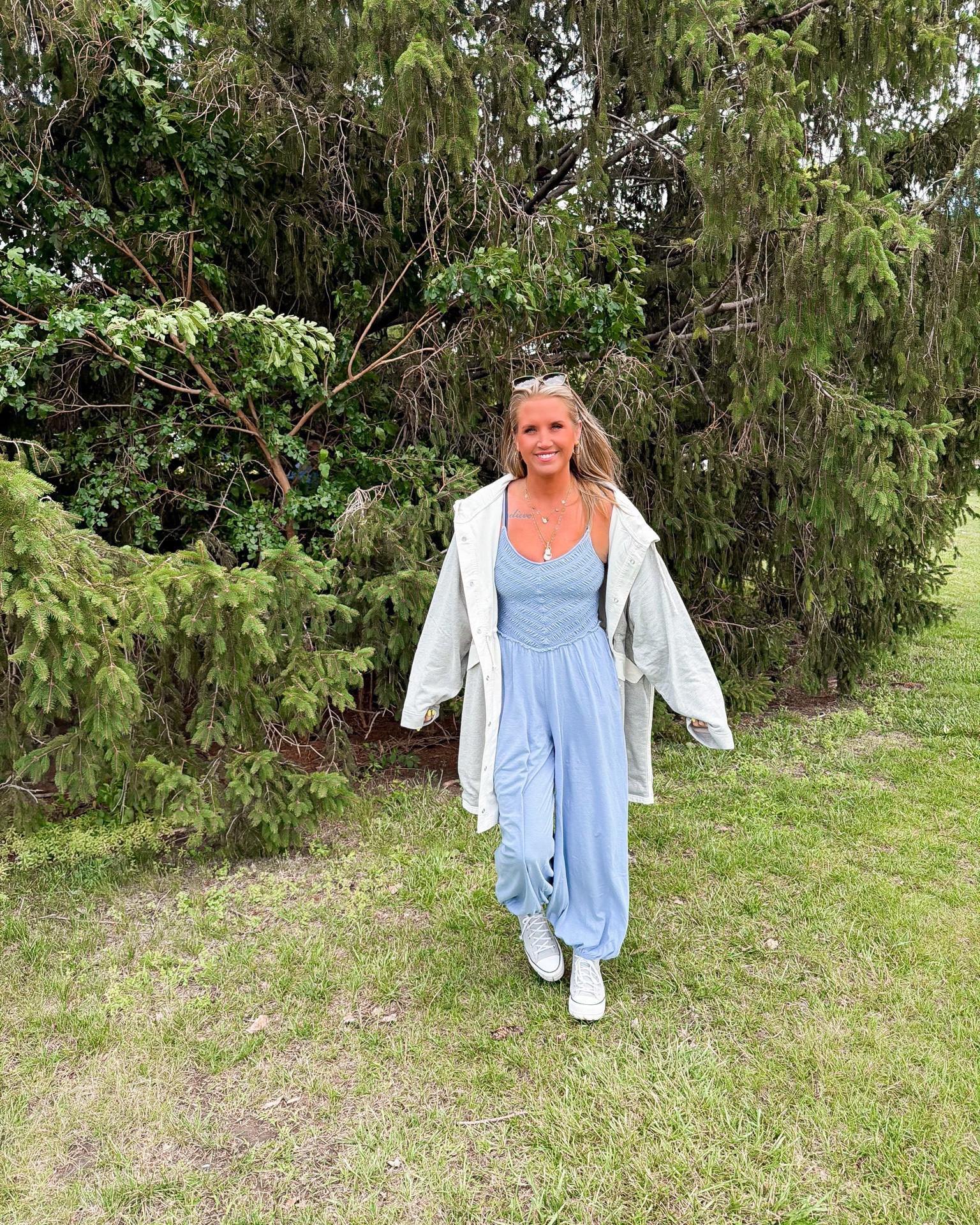 Outfit from a breezy game. 
Aerie jumpsuit sale rack find | freepeople jacket also sale rack find | converse platform high tops | jewelry

#LTKootd #LTKSaleAlert #LTKdayinmylife