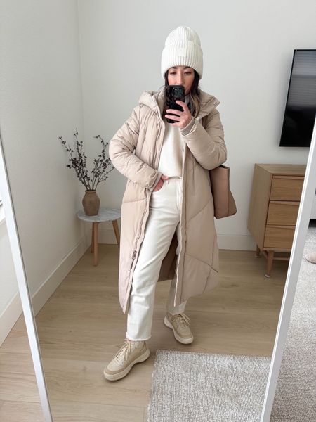 Neutral winter outfit. Love this beige puffer. This is such a great color. Also heavy duty. On major sale! 

Calvin Klein coat xs
Everlane sweater xs (reorder the xxs)
Dl1971 jeans 25. Cut hems. 
Sorel boots 6 
Everlane tote
Varley beanie

Coats, boots, winter style, jeans, winter outfit 

#LTKsalealert #LTKSeasonal #LTKshoecrush