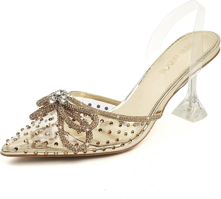 JENN ARDOR Women's Clear Heels Pointed Toe Kitten Heel Bow Pumps Rhinestone Strap Slingback Weddi... | Amazon (US)