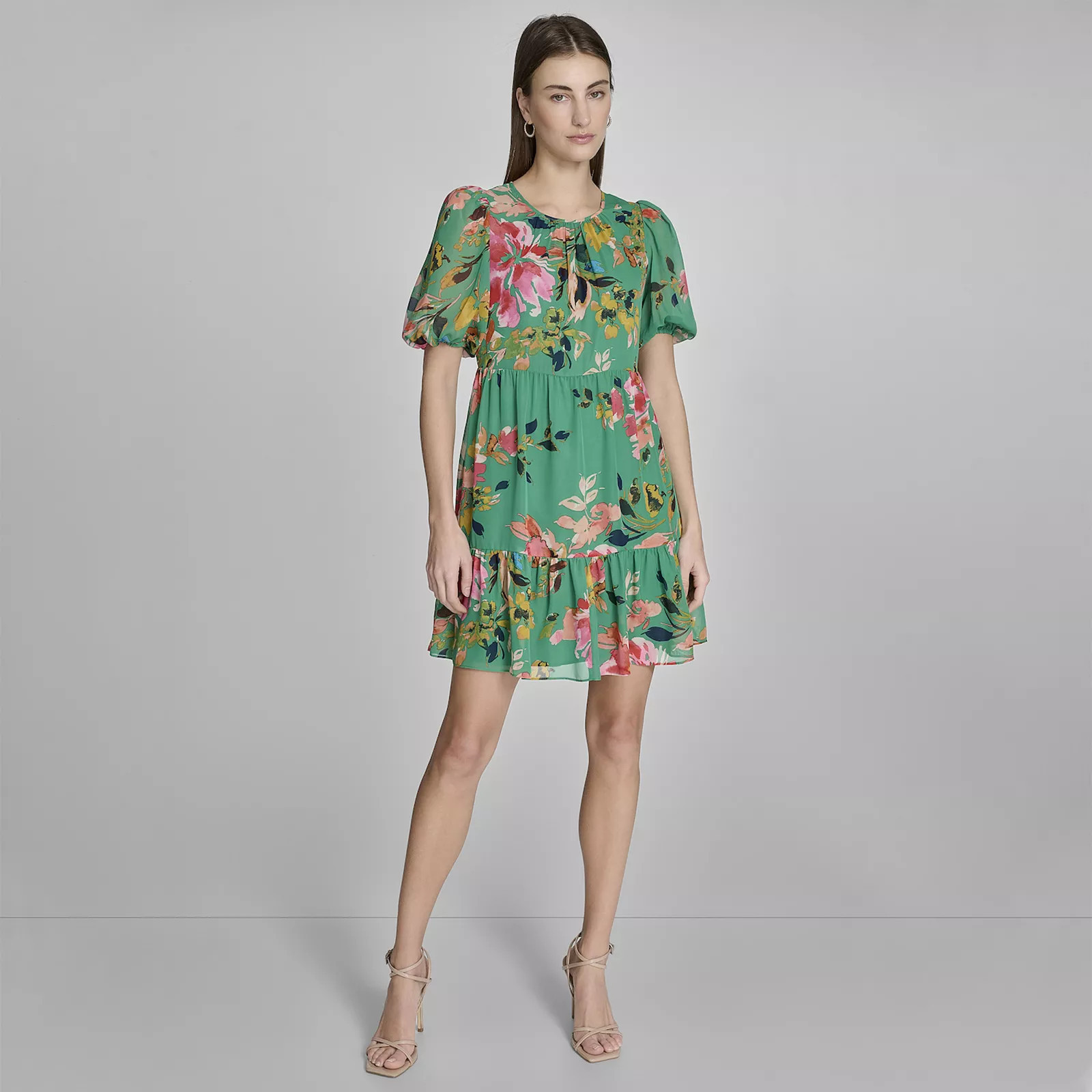 Women's Harper Rose Ruched Neck Tiered Short Dress, Size: 2, Green Floral | Kohl's