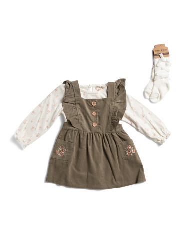 Newborn Girls 3pc Bodysuit Corduroy Jumper And Socks Set | TJ Maxx