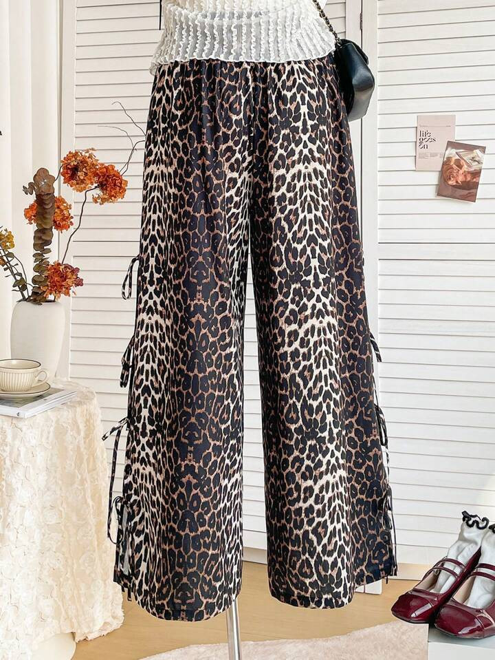 Soleia Plus Size Women Vacation Leopard Print Elastic Waist Casual Pants With Side High Slits And... | SHEIN
