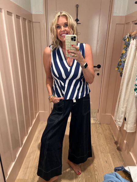 🚨 promo code 
20% off Anthro Sale 

Code -ANTHRO20

Wide leg navy pants with white stitching 
Fit true to size and perfect for Spring & Summer  in a small

This cute navy and white stripe tank top/blouse fits tts in a small

#LTKSummerSales #LTKSaleAlert #LTKStyleTip
