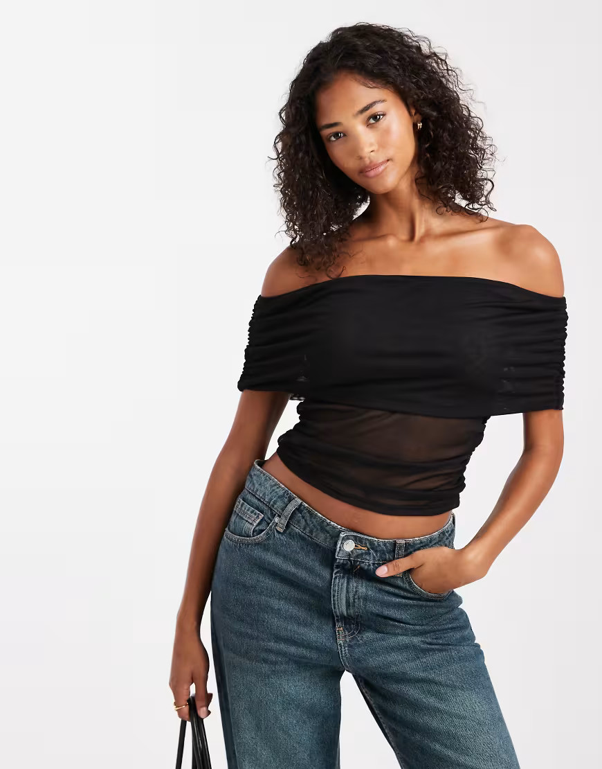 ASOS DESIGN semi sheer mesh fold over ruched off the shoulder top in black | ASOS (Global)