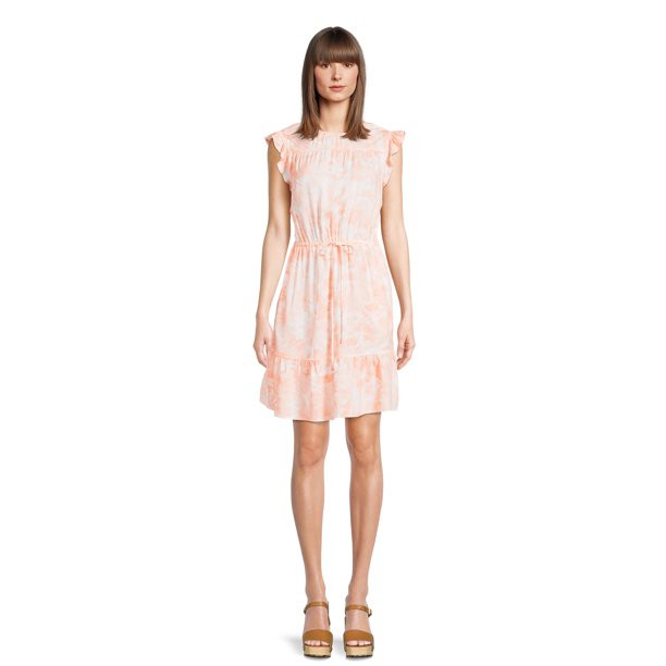 Time and Tru Women’s Woven Flutter Sleeve Dress with Flounce Hem | Walmart (US)