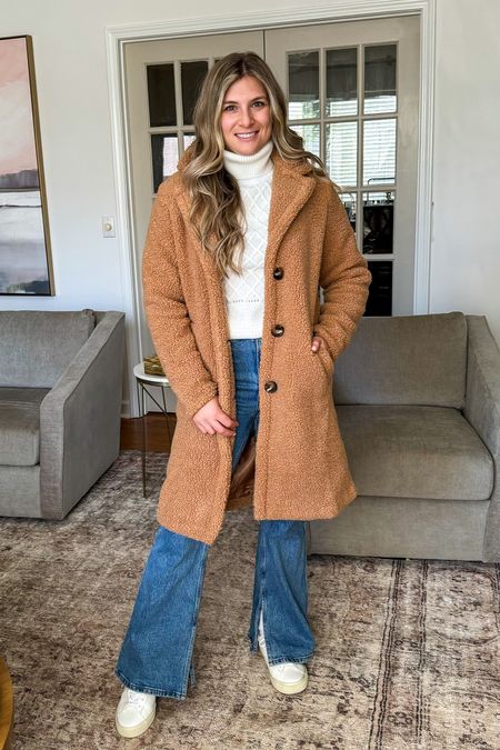 Walmart fuzzy jacket long fuzzy teddy coat affordable 
Abercrombie glare jeans 
White cable knit sweater scoop 



#LTKstyletip #LTKfindsunder50 #LTKSeasonal