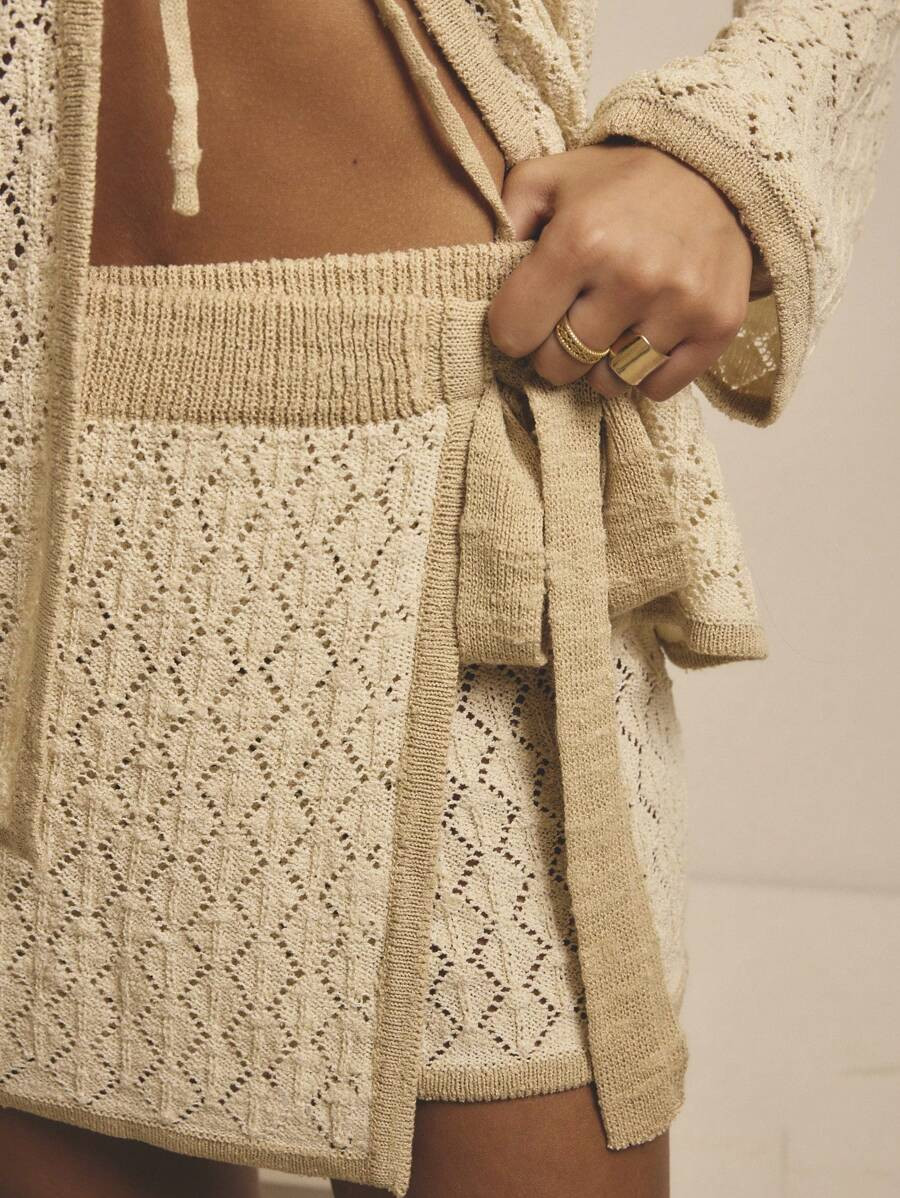 Aralina Tie Waist Hollow Out Knit Wrap Design Vacation Outfits Women Mini Skirt | SHEIN