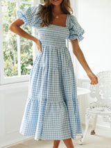 'Vera' Square Neck Checked Puff Sleeve Maxi Dress (2 colors) | Goodnight Macaroon