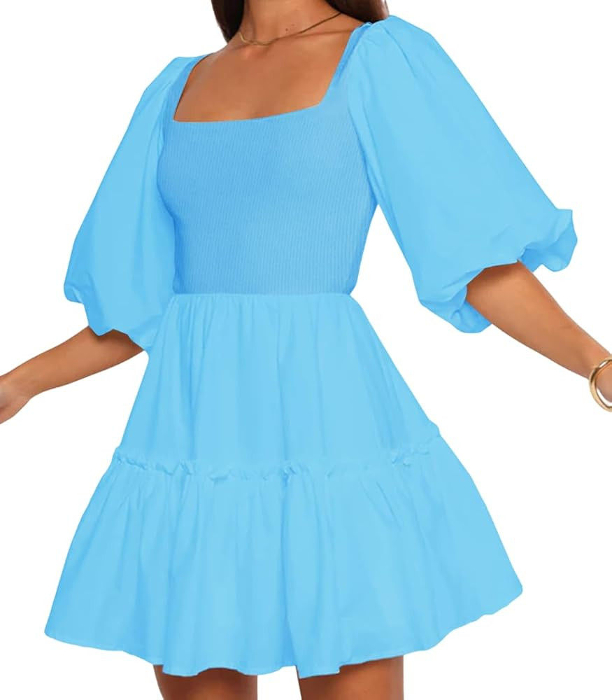 Women Puff Half Sleeve Square Neck Mini Dresses Elastic Waist Elegant Summer Casual Ruffles Dress | Amazon (US)