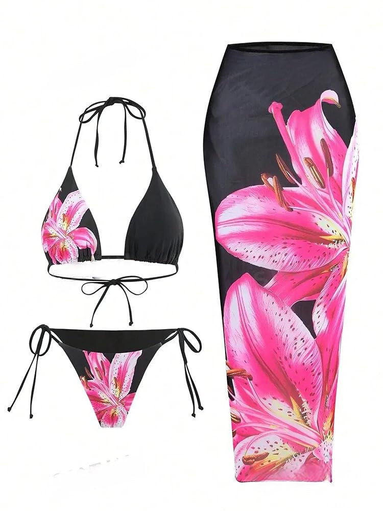 ZAFUL Womens 3pcs Swimsuit Floral Halter Triangle Bikini Top Tie Side Bottom with Long Sheer Cove... | Amazon (US)