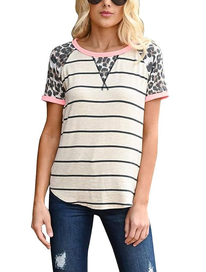 Hilltichu Women's Leopard Stripe Short Sleeve Tees T-Shirt Casual Round Neck Tops | Amazon (US)