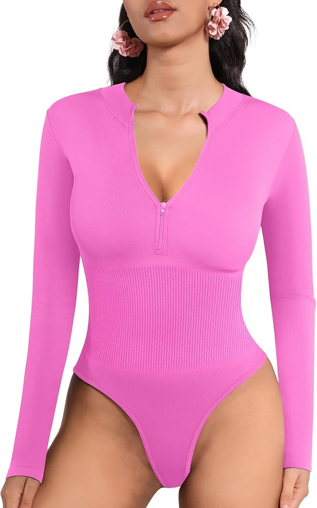 MANGOPOP Long Sleeve Thong bodysuit Shapewear Tummy Control Mock TurtleNeck Zip Up Bodysuits for ... | Amazon (US)