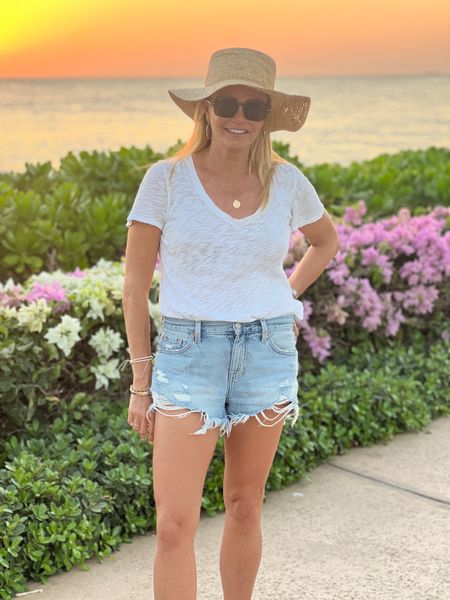 ATM Anthony Thomas Melillo white jersey v-neck, Pistola denim jean shorts, J. Crew straw hat. Size down in jean shorts. Wearing a S in the t-shirt. 

#LTKFestival #LTKstyletip #LTKunder100