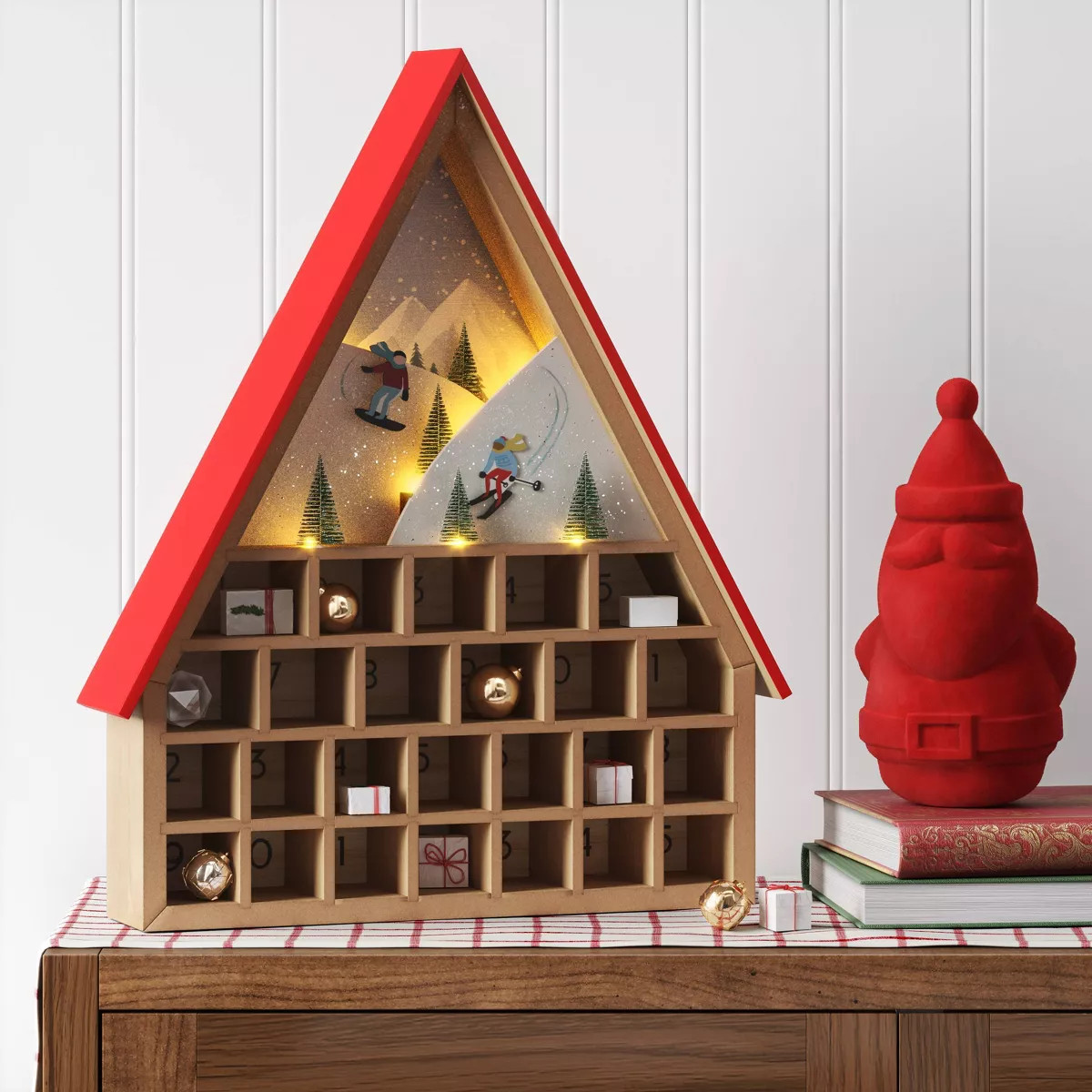 18" Battery Operated Lit Wood Ski Lodge Christmas Advent Calendar Red/Brown - Wondershop™ | Target
