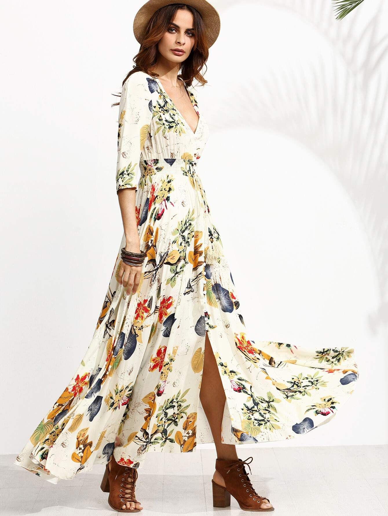 Floral Print Deep V Neck Drawstring Button Dress | SHEIN