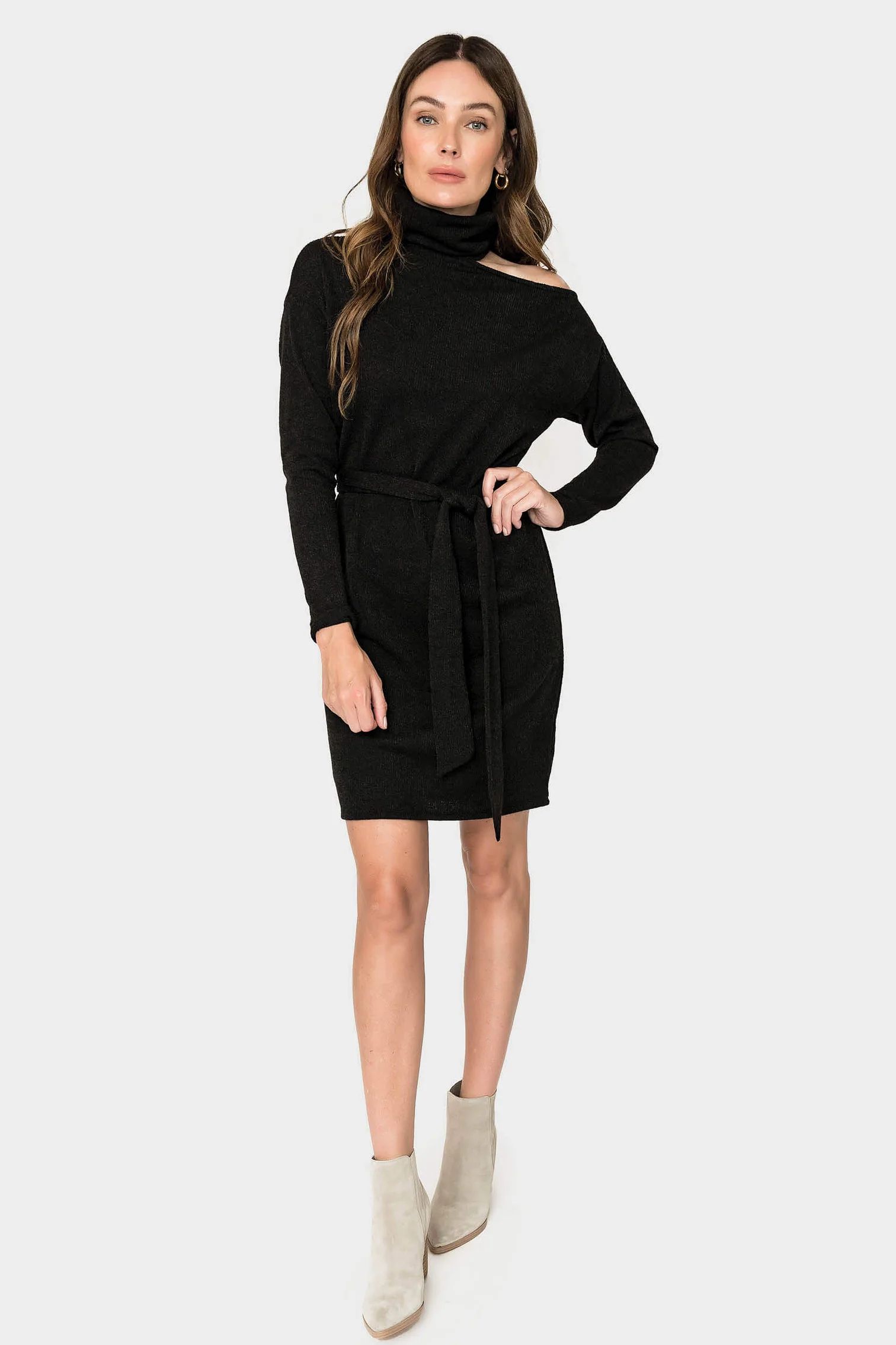 Mock Neck Ribbed One Shoulder Cut Out Knit Dress | Gibson
