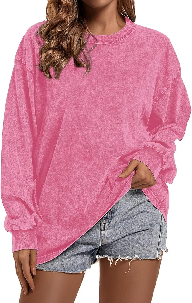 BINTEHGS Crewneck Oversized Long Sleeve Shirts for Women Loose Fit Vintage Acid Wash Tshirt Basic... | Amazon (US)
