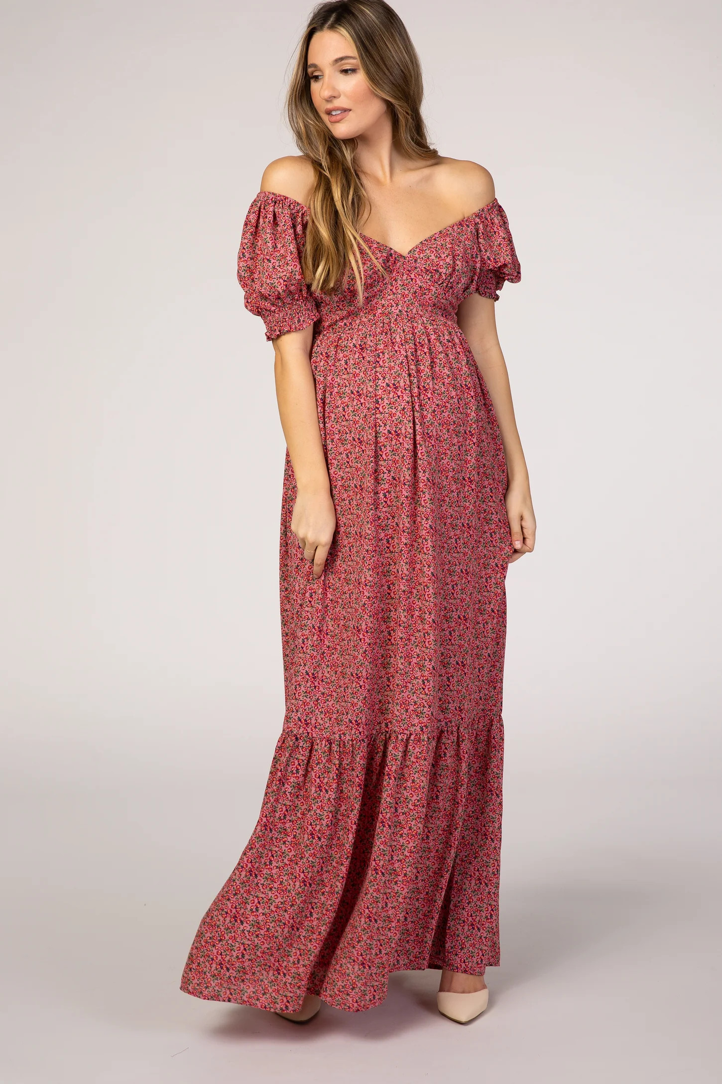 Pink Floral Puff Sleeve Maternity Maxi Dress | PinkBlush Maternity