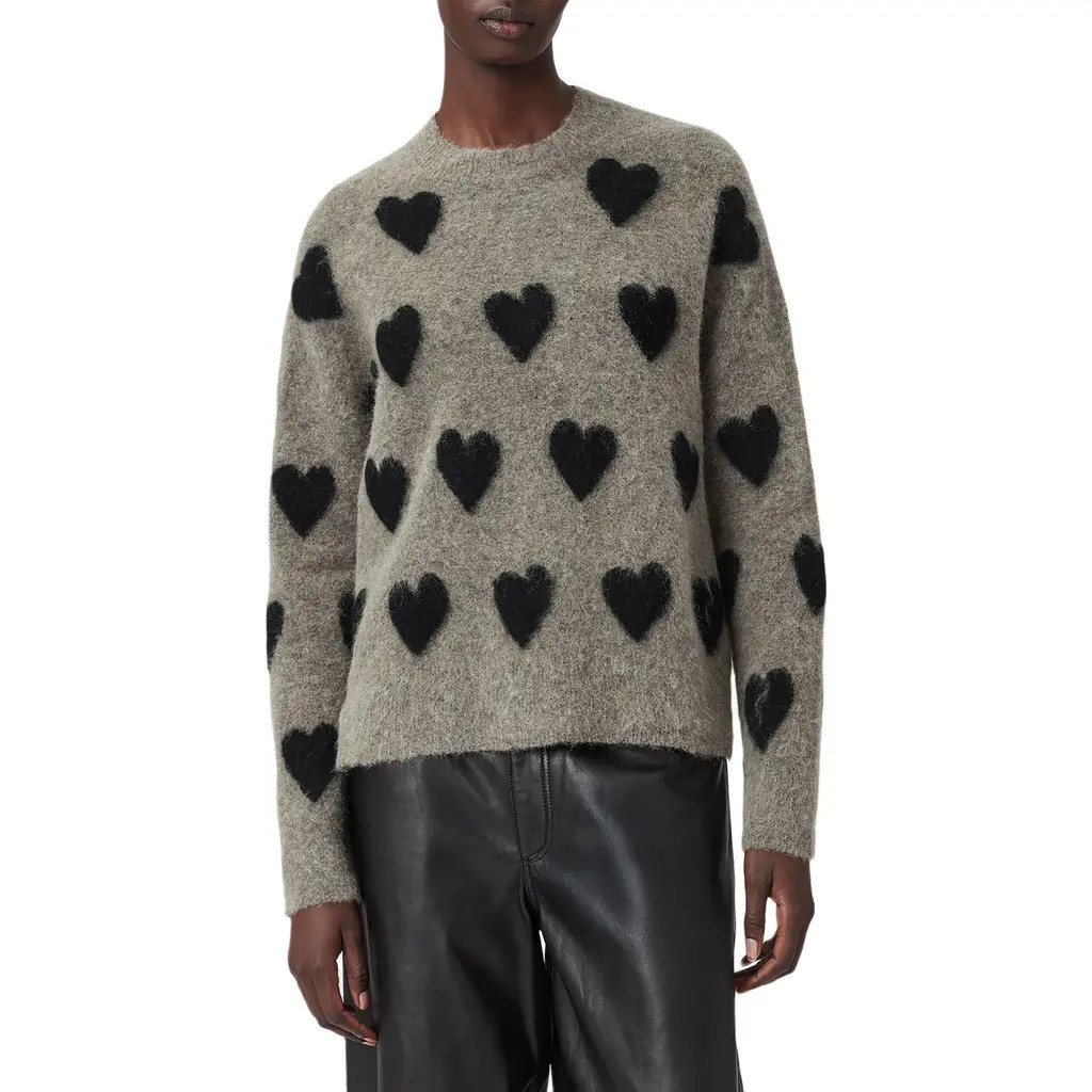 AllSaints Amora Jacquard Alpaca & Wool Blend Sweater in Walnut Brown/Black at Nordstrom, Size Large | Nordstrom