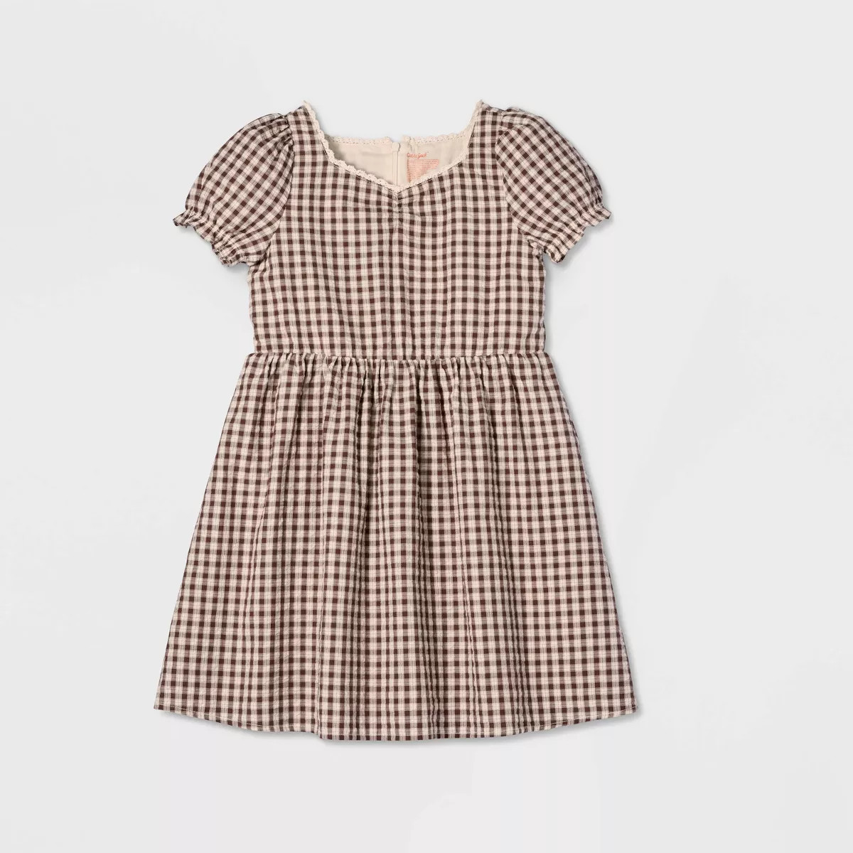 Girls' Puff Short Sleeve Gingham Dress - Cat & Jack\u2122 Brown L | Target
