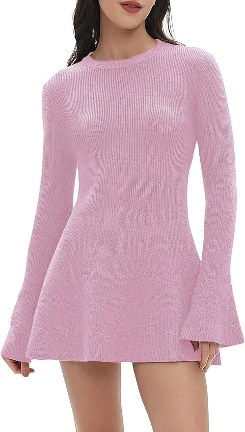 Women Spring Fall Winter Casual Sweater Dress Crew Neck Mini A-Line Knit Flare Sleeve Pullover Sw... | Amazon (US)