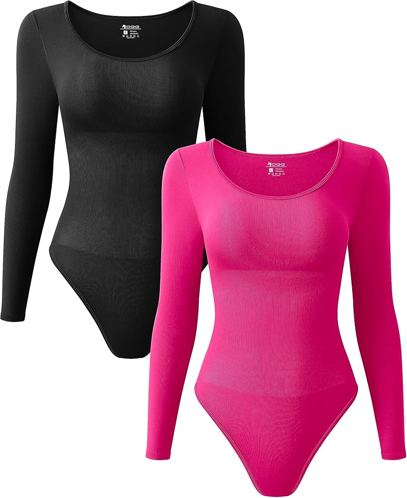 OQQ Women's 2 Piece Bodysuits Sexy Ribbed One Piece Long Sleeve Crew Neck Tops Bodysuits | Amazon (US)