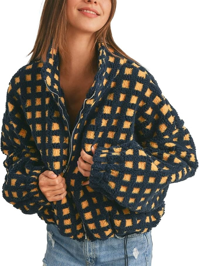 Womens Checkered Sherpa Jacket Cropped Long Sleeve Plaid Fleece Coats Casual Zip Up Gingham Outwe... | Amazon (US)