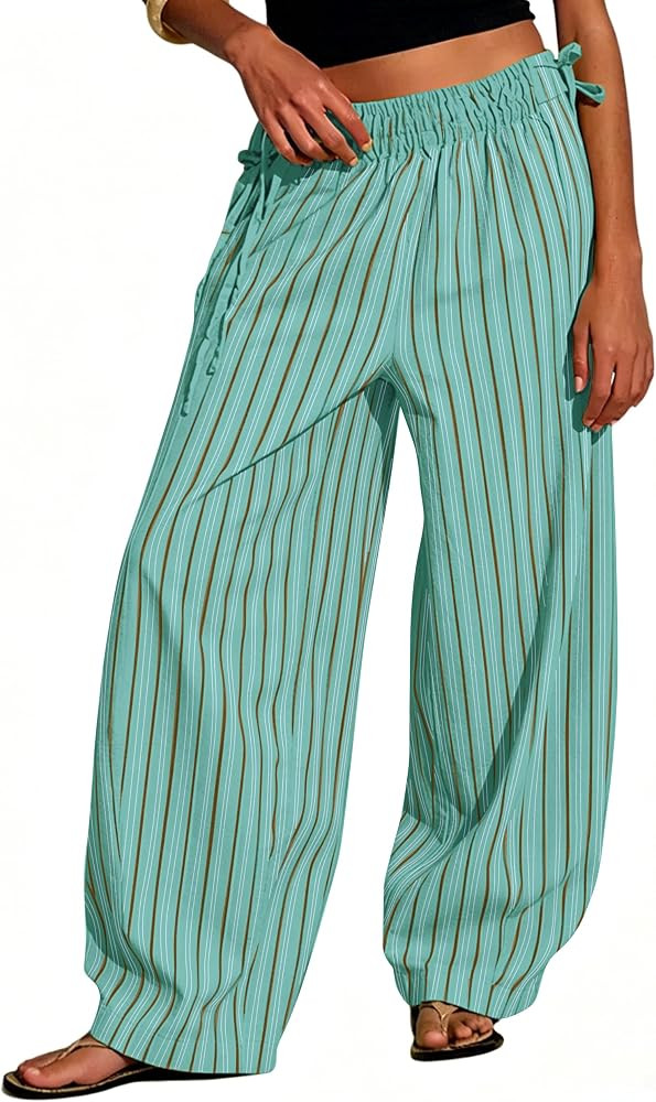 Women Drawstring Striped Wide Leg Pants Summer Causal Barrel Loose Elastic Low Waist Palazzo Hare... | Amazon (US)