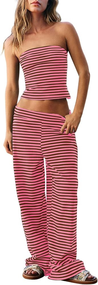 Dokuritu Two Piece Sets for Women Summer Sleeveless Outfits Lounge Sets Striped Tube Top and Wide... | Amazon (US)