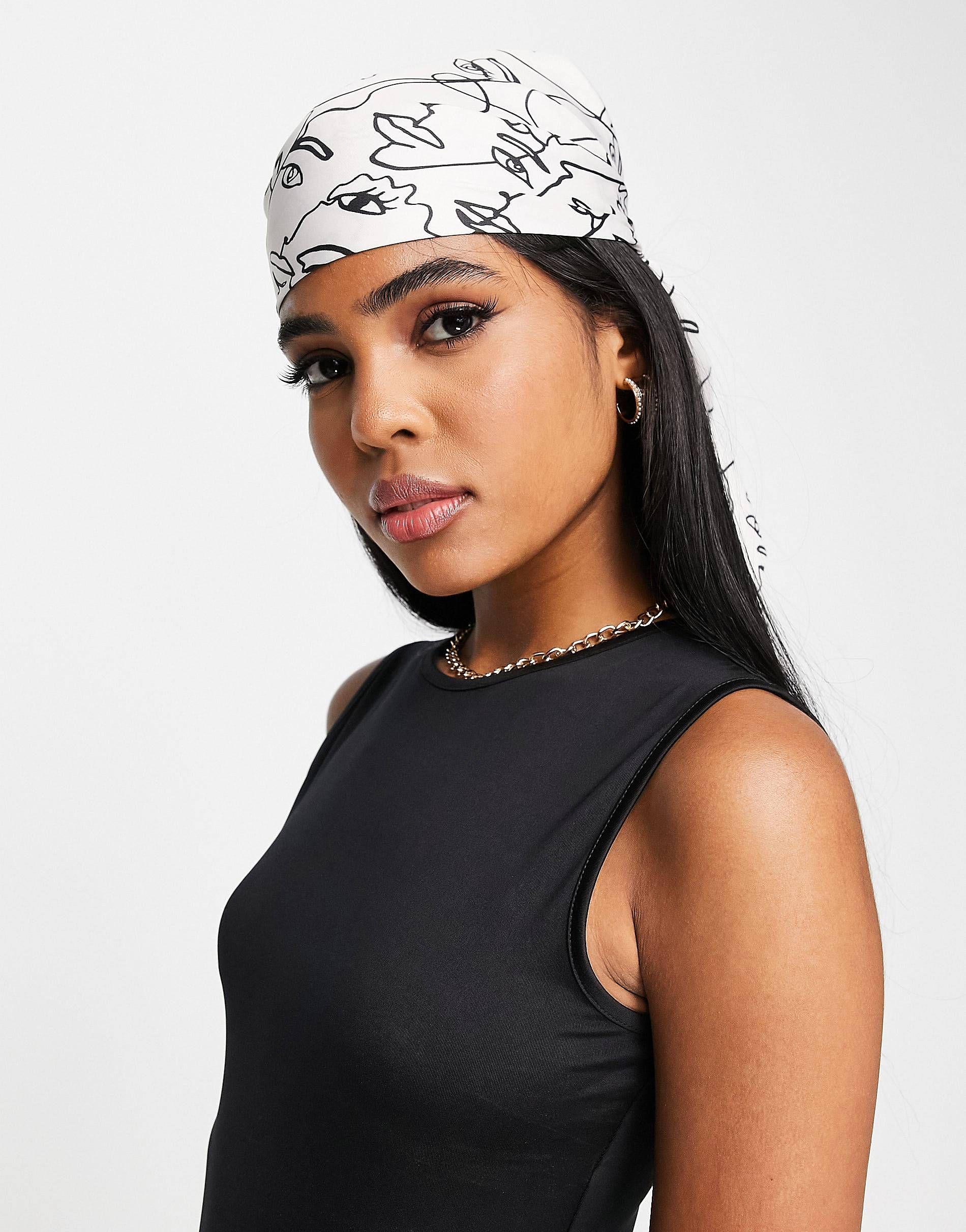 ASOS DESIGN polysatin large headscarf in face print in stone | ASOS (Global)