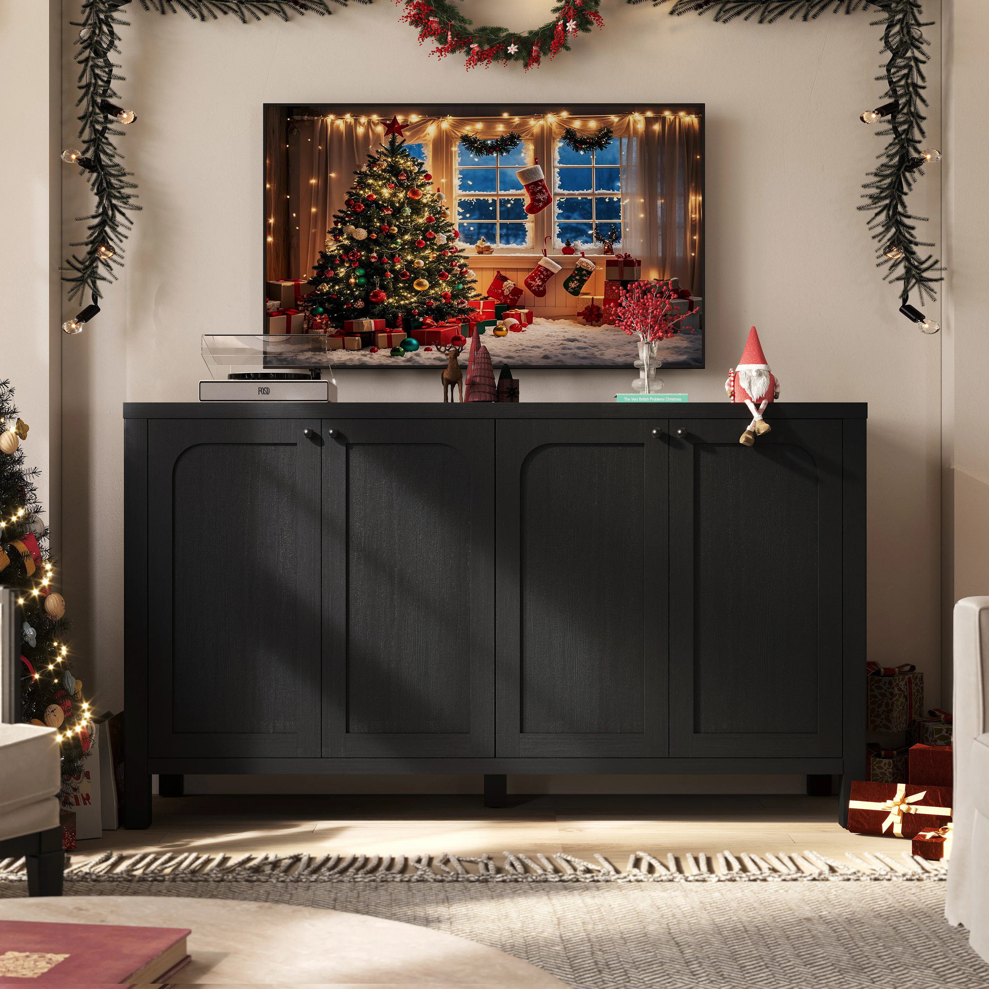 55" Black Sideboard Buffet Cabinet With Storage Modern Credenza With Doors Heavy Duty Wood Tv Med... | Wayfair North America