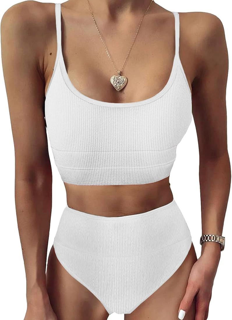 Herseas Women High Waist Bikini Set Color Block Striped Knit Ribbed Two Piece Swimsuits | Amazon (US)
