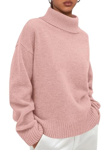 PRETTYGARDEN Womens Turtleneck Long Sleeve Sweater 2026 Fall Trendy Loose Fit Casual Tops Chunky Knit Pullover Sweaters (Pink,Small) | Amazon (US)