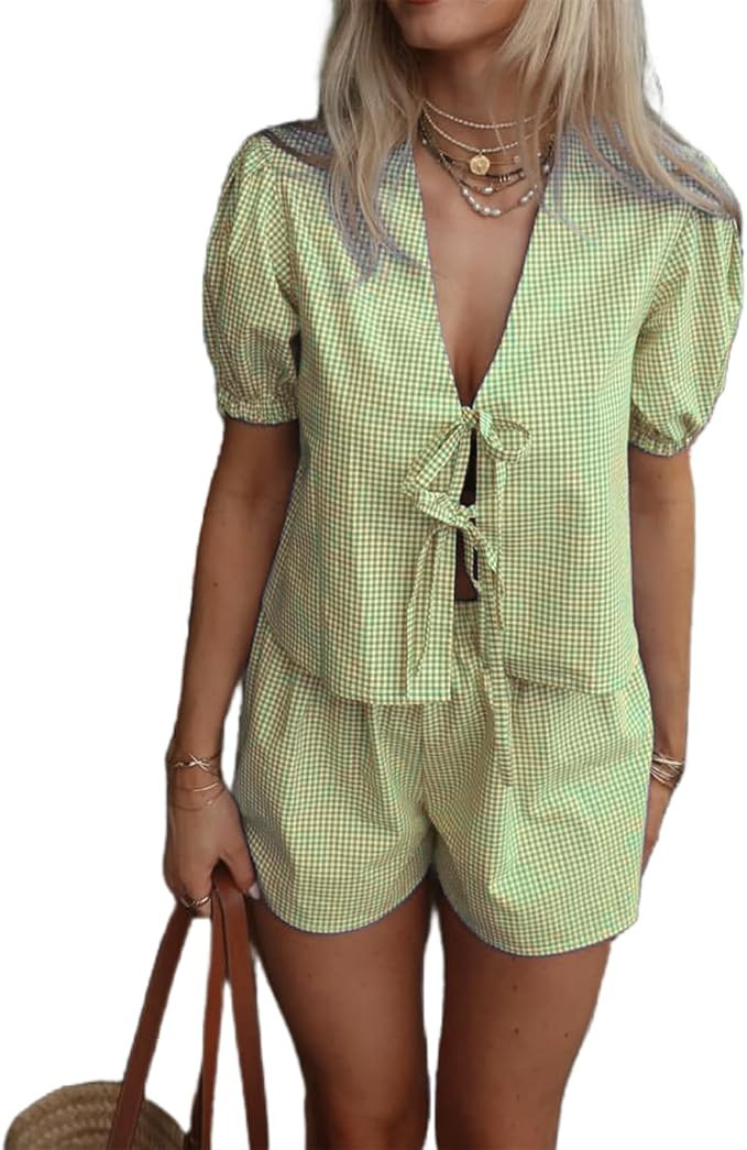Yuemengxuan Women Y2k Peplum Shirt Shorts Two Piece Lounge Set Pajamas Puff Sleeve Tie Front Top ... | Amazon (US)