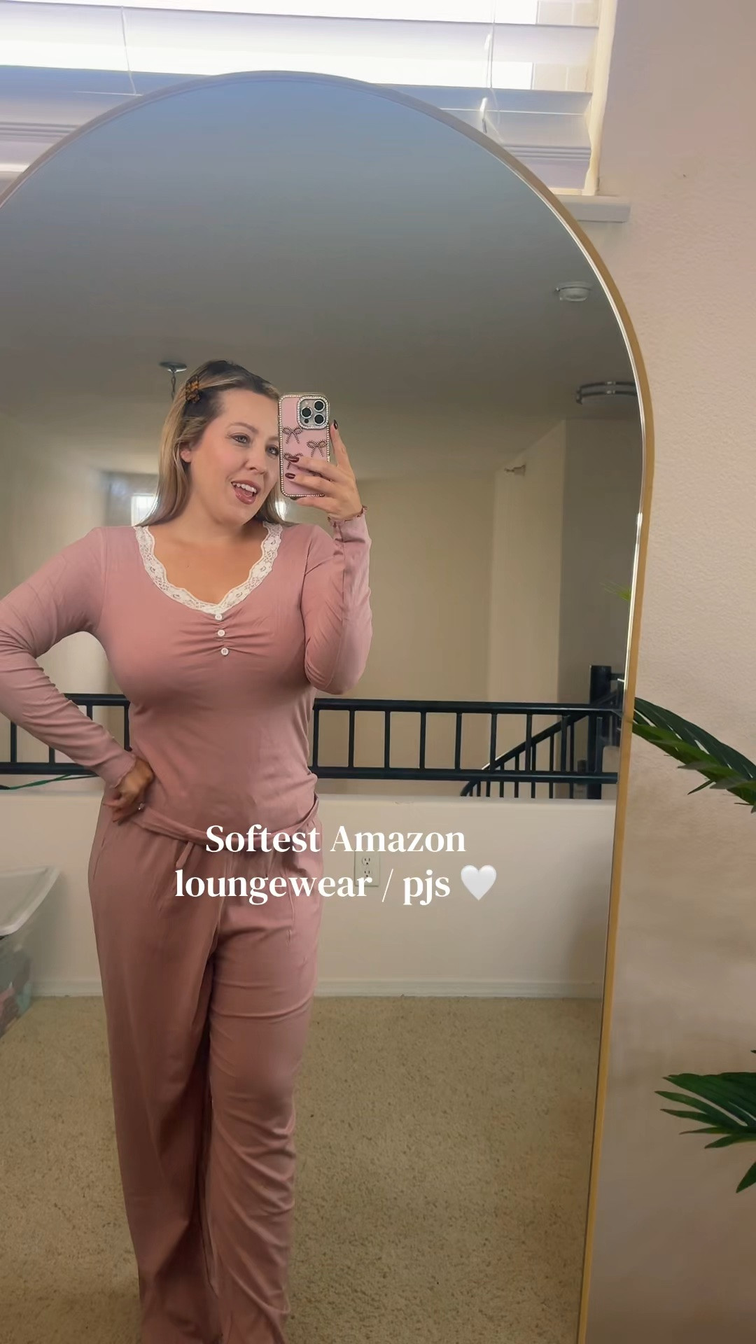 Amazon loungewear find 🩷☁️ This pink lace-trim lounge/PJ set is seriously SO soft and comfy! Obsessed with the feminine details, flattering fit and wide-leg pants. Perfect for lounging around the house, cozy nights in or sleeping! 🎀✨

#LTKhome #LTKloungewear