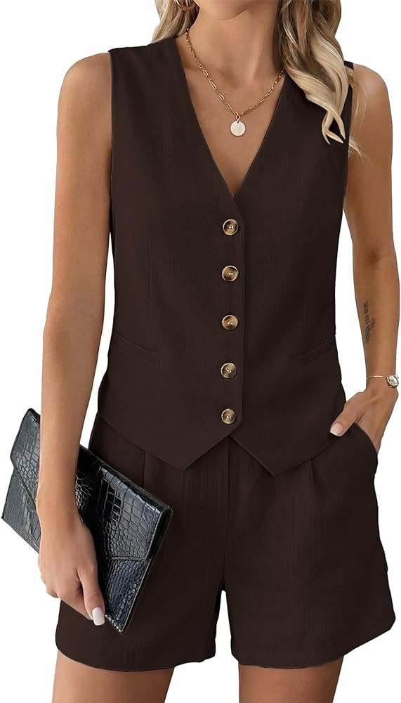 SimpleFun Womens 2 Piece Short Sets Button Down Vest Top and Shorts with Pockets Matching Summer ... | Amazon (US)