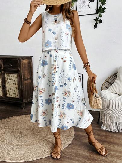 SHEIN LUNE Sleeveless Round Neck Plain Top + Elegant Umbrella Skirt With Wooden Buttons Decor Set... | SHEIN