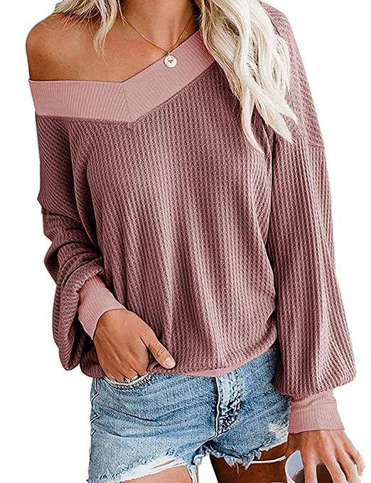 Tobrief Women's V Neck Long Sleeve Waffle Knit Tops Off Shoulder Oversized Pullover Sweater | Amazon (US)