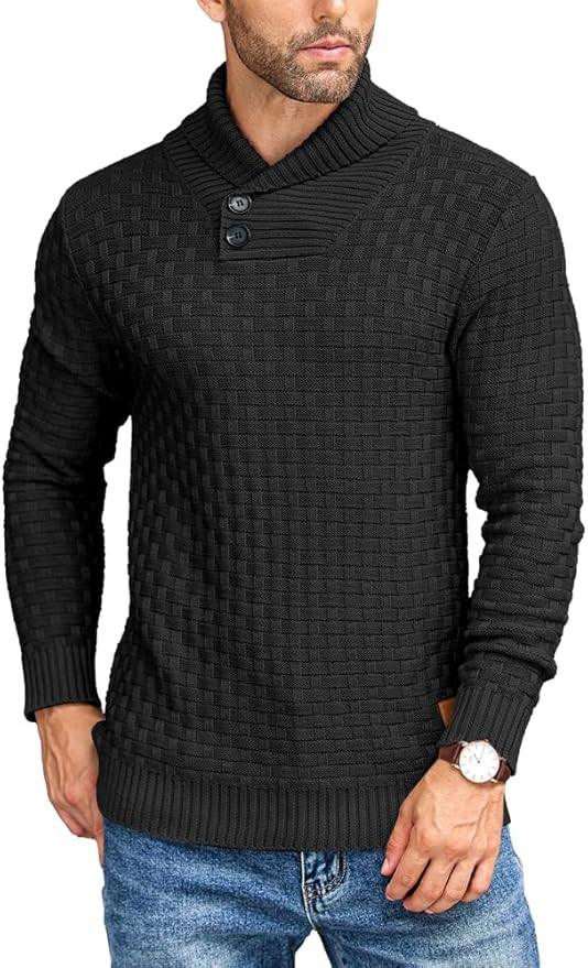 COOFANDY Men's Shawl Collar Pullover Sweater Casual Slim Fit Button Textured Knit Sweaters | Amazon (US)